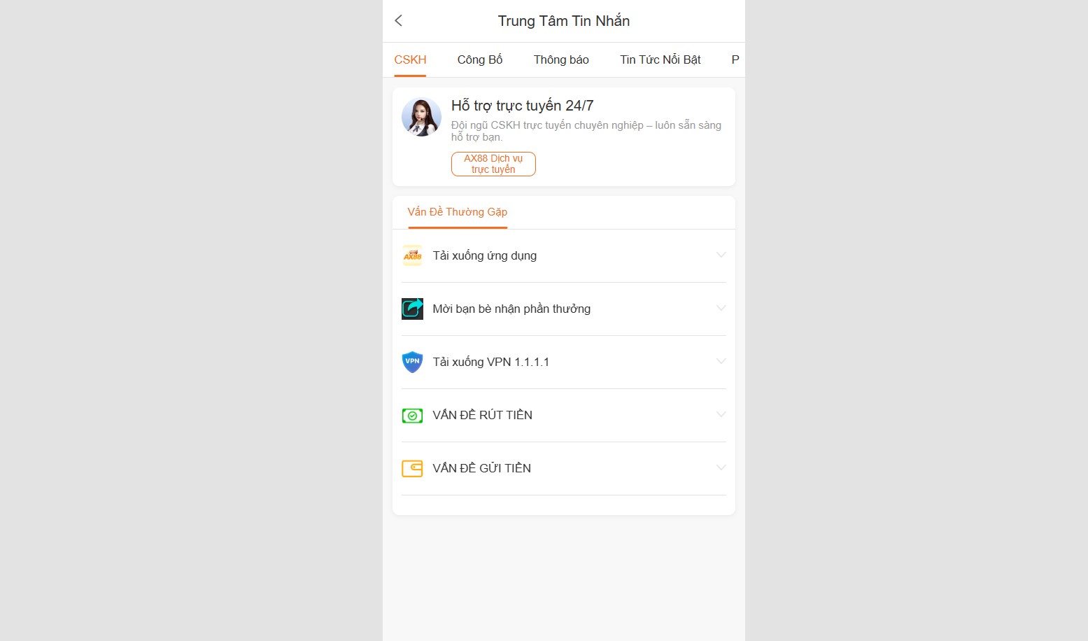 Người chơi có thể liên lạc CSKH 247 nếu có vấn đề khi tải app AX88