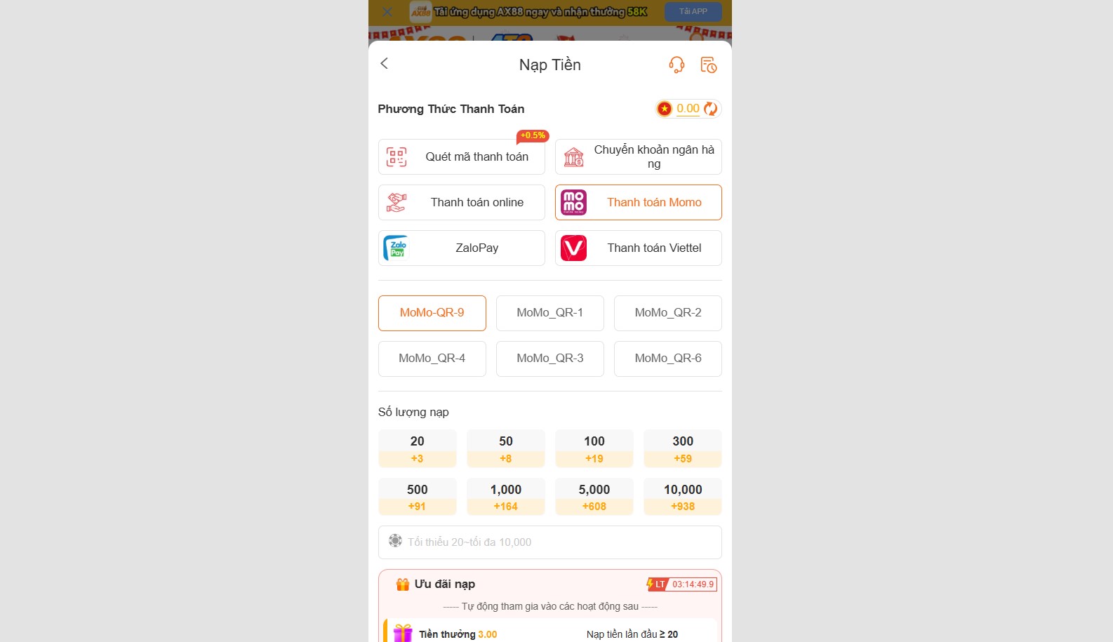Hướng dẫn cách nạp tiền ax88 miễn phí và an toàn 3 Giao diện trang nạp tiền ax88 qua phương thức ví điện tử MoMo